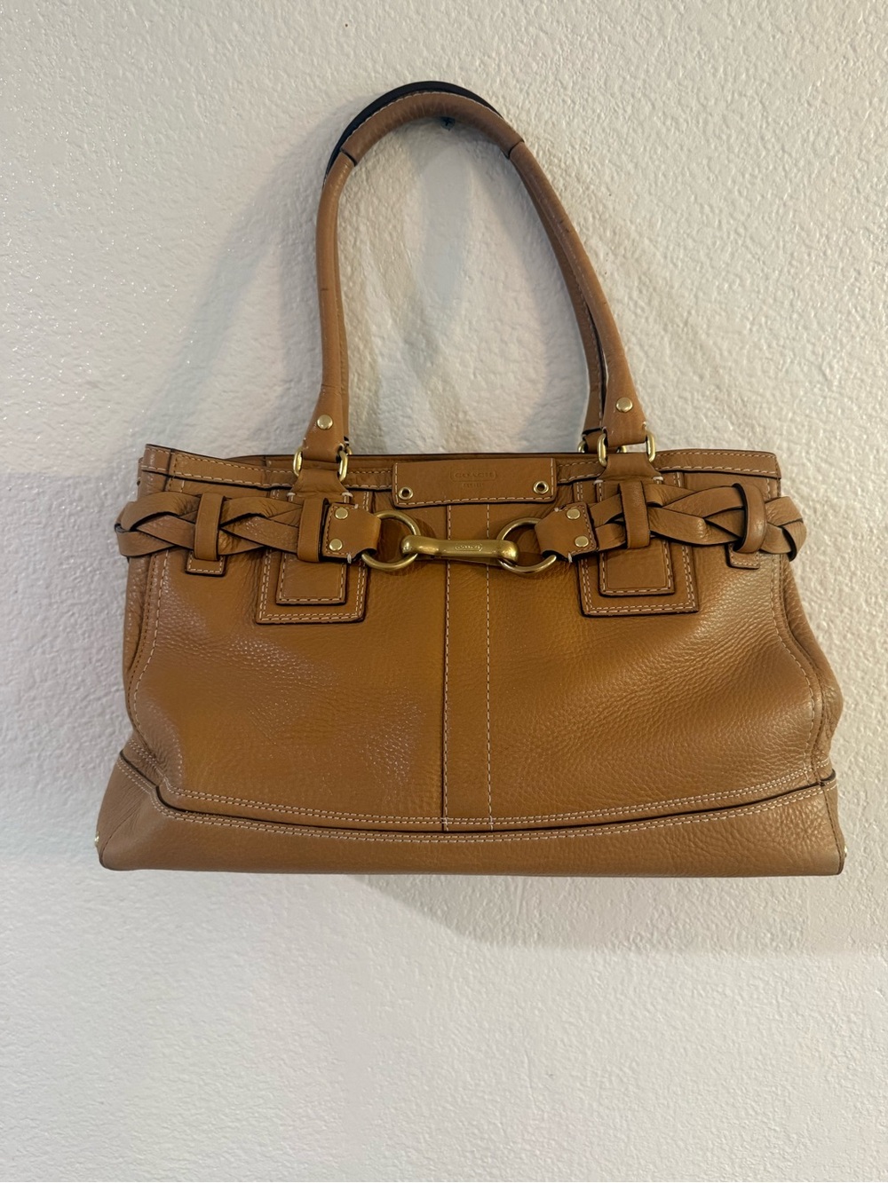Coach Cognac Braided-Trim Leather Shoulder Bag with Gold Hardware